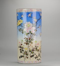 Large Antique Japanese Porcelain 20th Century Hat Stand Vase with Flowers Marked