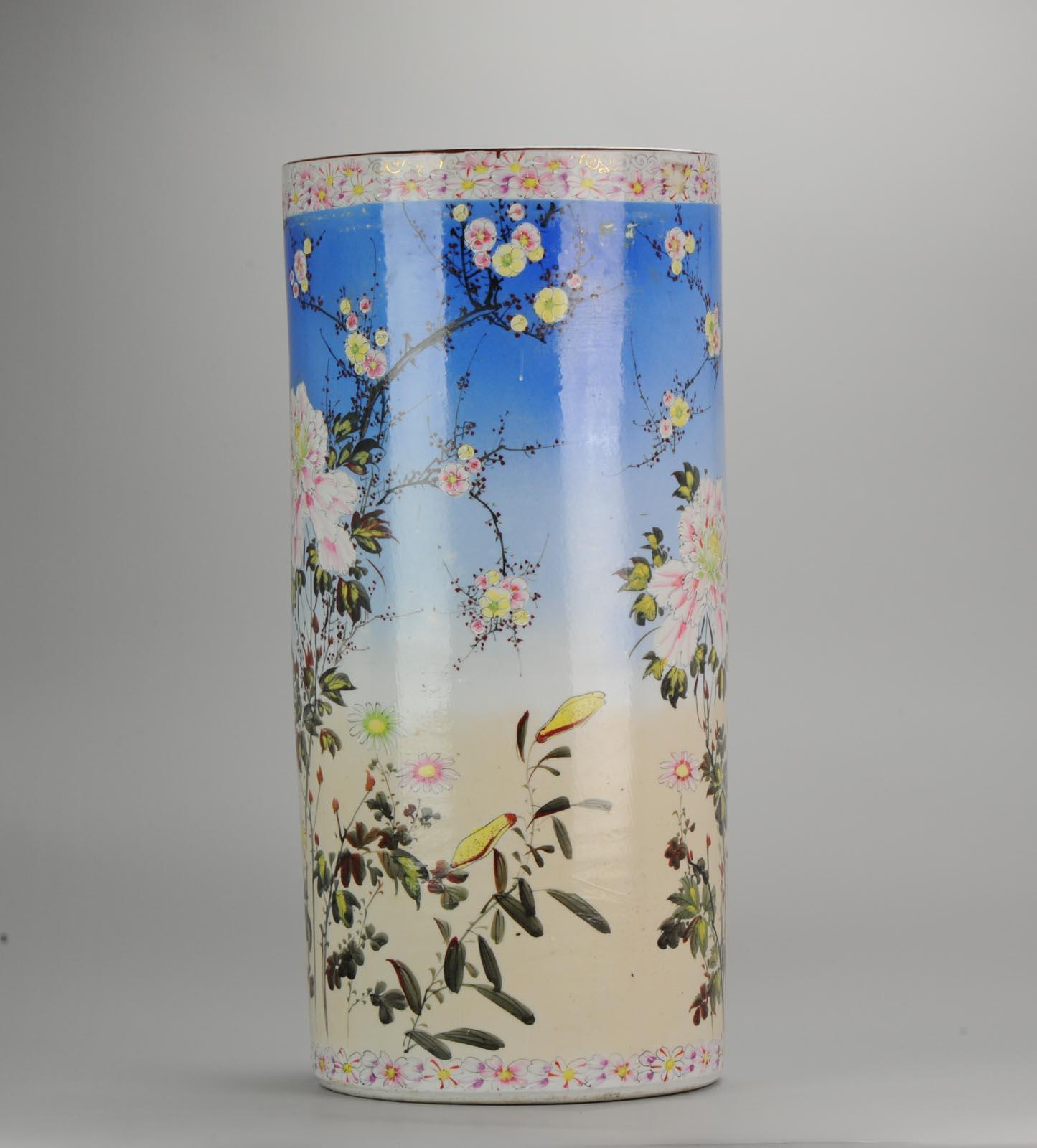 Meiji Large Antique Japanese Porcelain 20th Century Hat Stand Vase with Flowers Marked For Sale