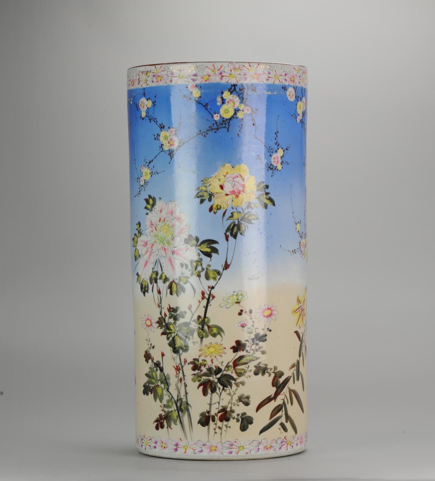 Earthenware Large Antique Japanese Porcelain 20th Century Hat Stand Vase with Flowers Marked For Sale