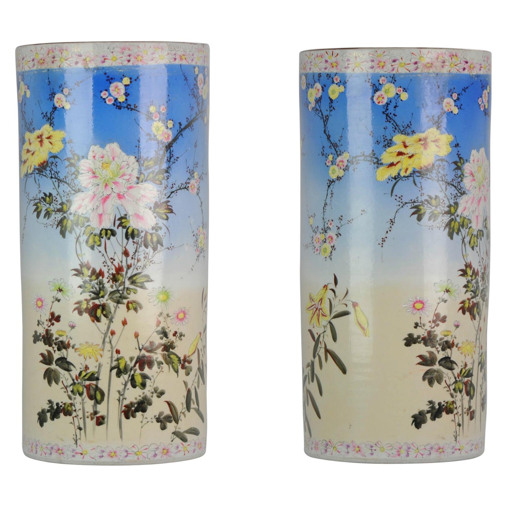 Large Antique Japanese Porcelain 20th Century Hat Stand Vase with Flowers Marked For Sale
