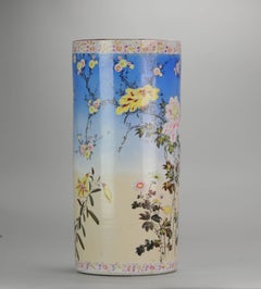 Large Antique Japanese Porcelain Umbrella Stand Vase with Flowers Marked, 20th C