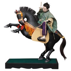 Large antique Japanese samurai doll 武者人形 (Musha ningyô): black horse with rider