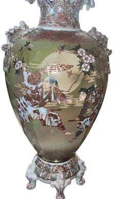 Large Antique Japanese Satsuma Earthenware Floor Vase Meiji Style, Early 20th C.