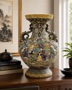 Large Antique Japanese Satsuma-Style Moriage Figural Vase with Applied Handles