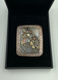 Grande spilla antica giapponese Shakudo Samurai Warrior on Horse with Groom (Guerriero samurai a cavallo con sposo)