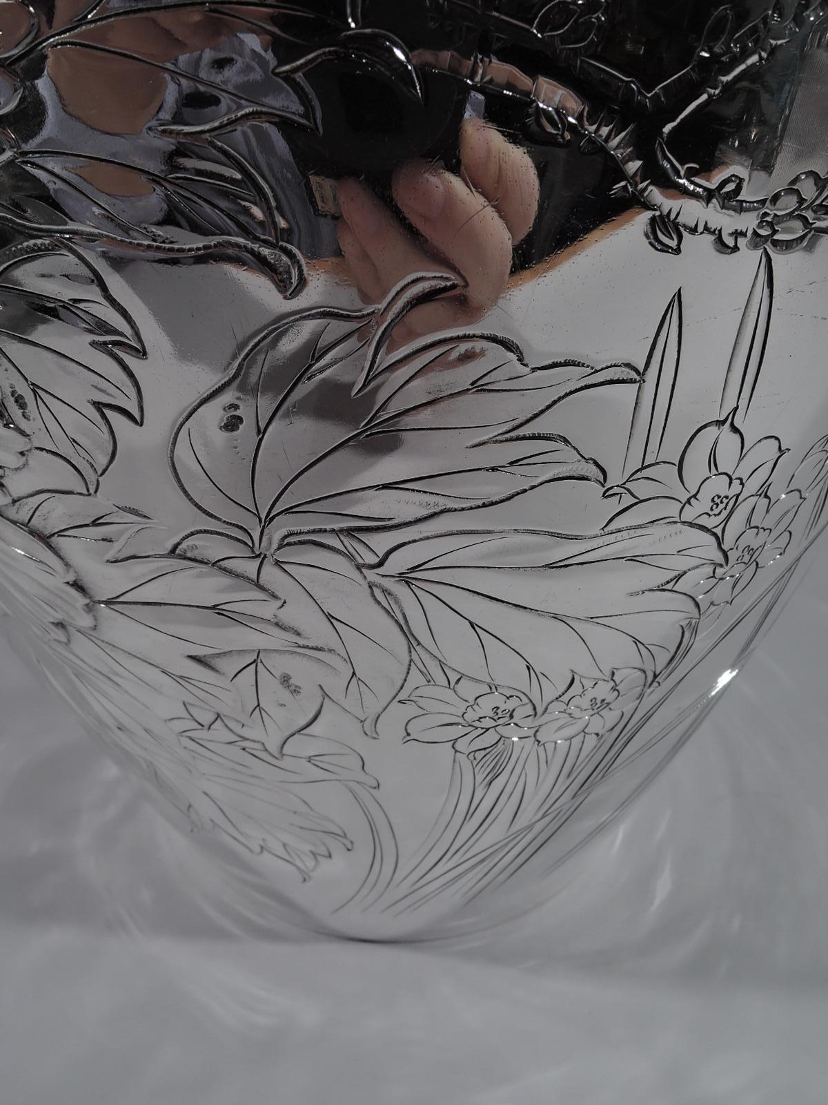 Large Antique Japanese Silver Vase with Chrysanthemum Blooms 1