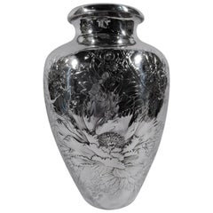 Large Antique Japanese Silver Vase with Chrysanthemum Blooms