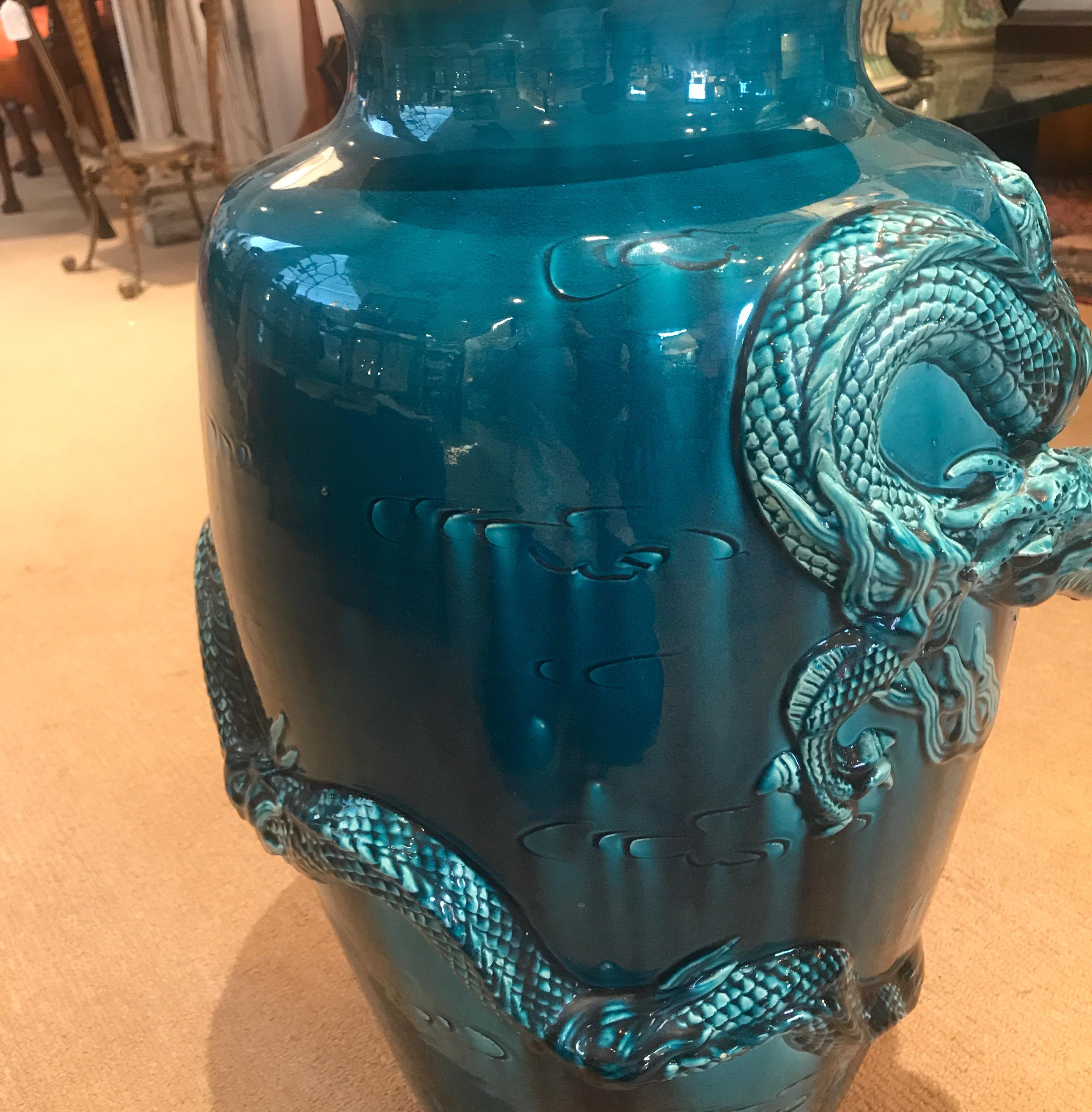Arts and Crafts Large Antique Japanese Vase with Teal Flambe Glaze and Dragon