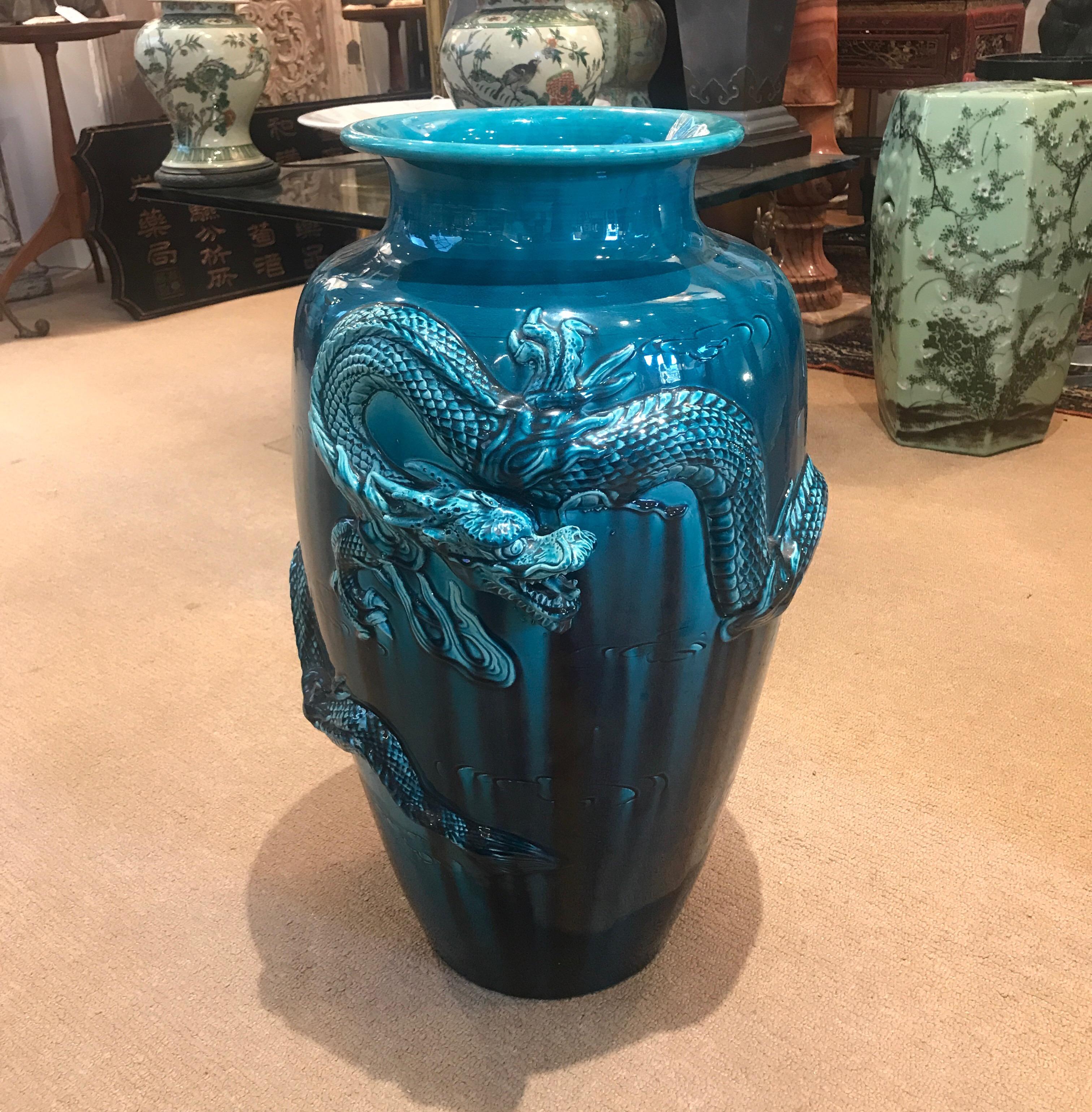 Large Antique Japanese Vase with Teal Flambe Glaze and Dragon In Good Condition In Lambertville, NJ