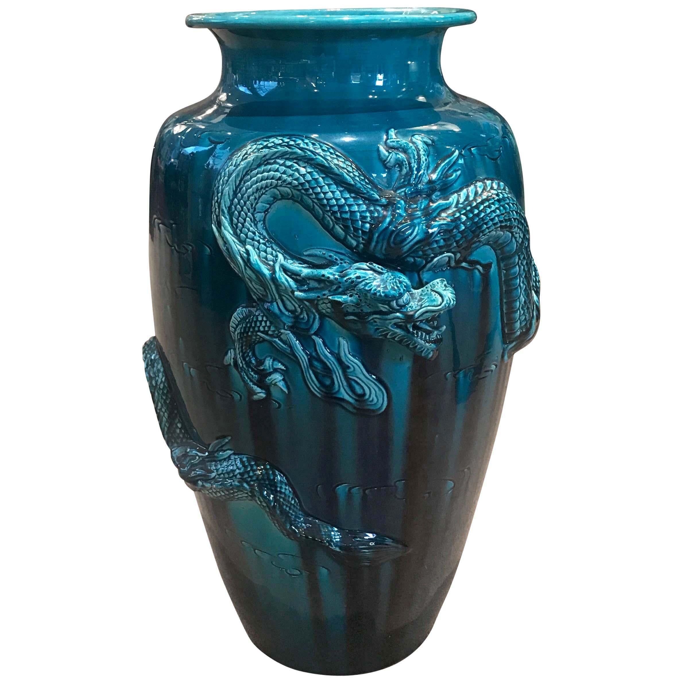 Large Antique Japanese Vase with Teal Flambe Glaze and Dragon