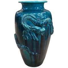 Große antike japanische Vase mit blaugrüner Flammglasur und Drache