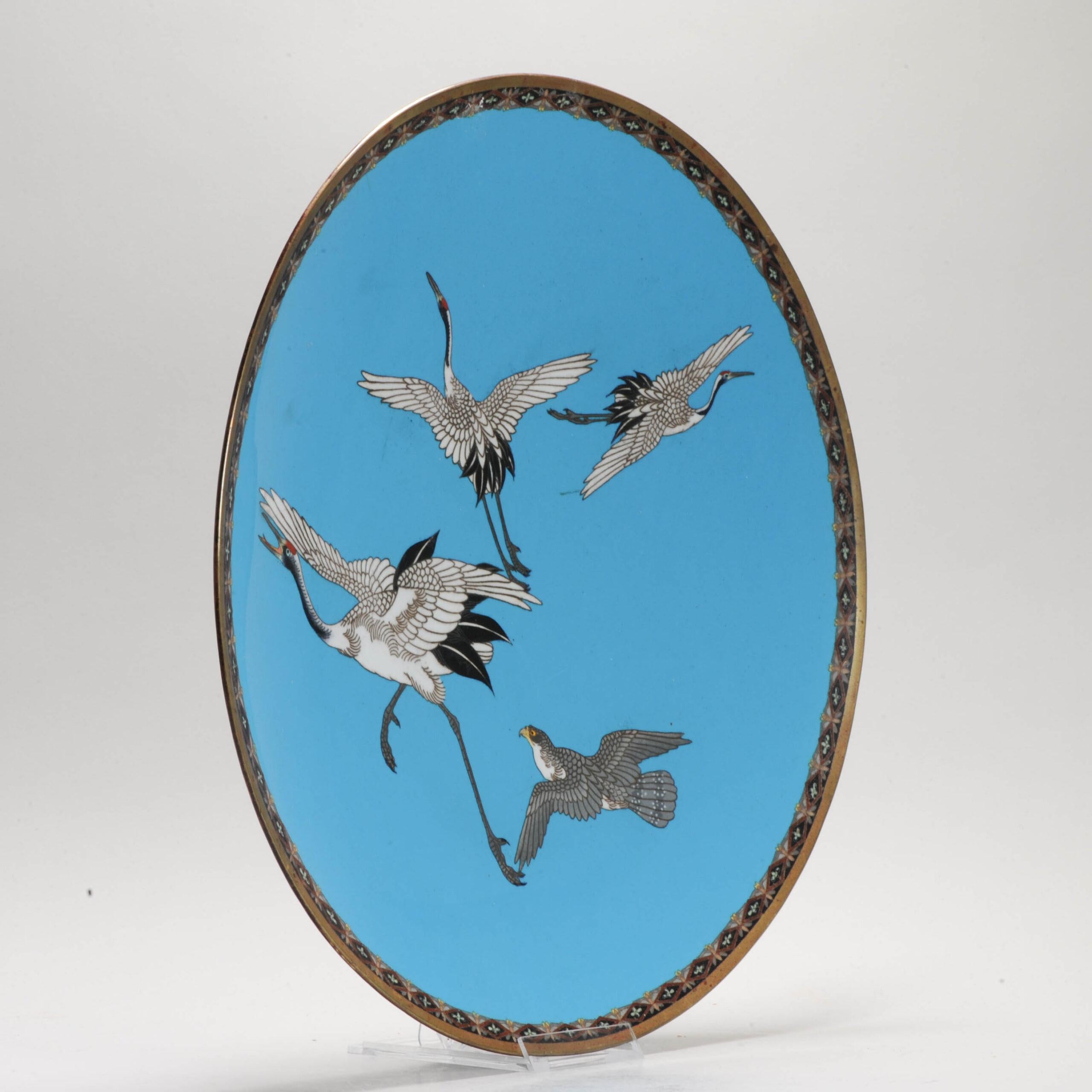 Meiji Large Antique Japanese Wall Dish Crane Eagle Hunt Bronze Flowers Cloisonne For Sale