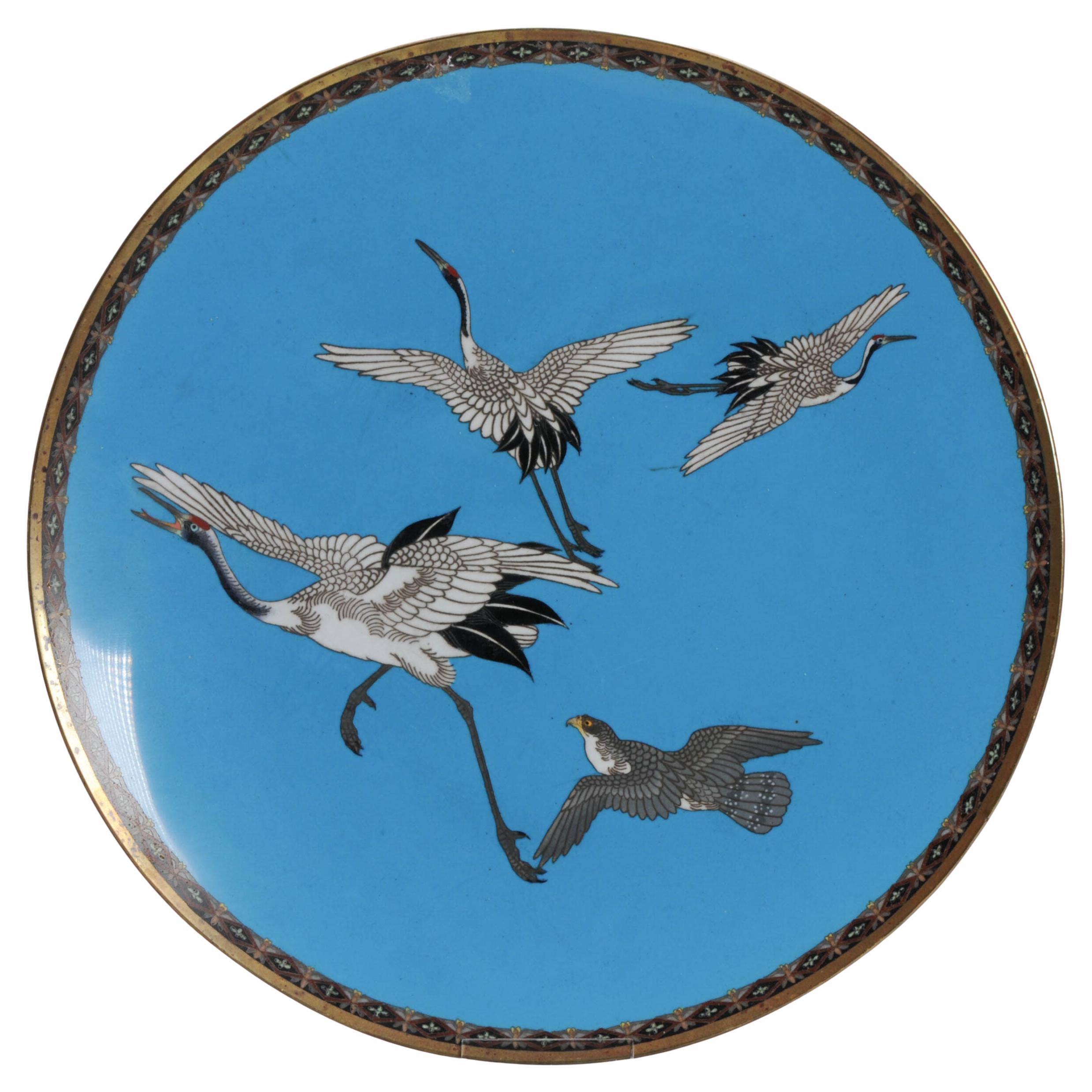Large Antique Japanese Wall Dish Crane Eagle Hunt Bronze Flowers Cloisonne For Sale
