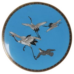 Gran Plato de Pared Antiguo Japonés Grulla Águila Caza Bronce Flores Cloisonné