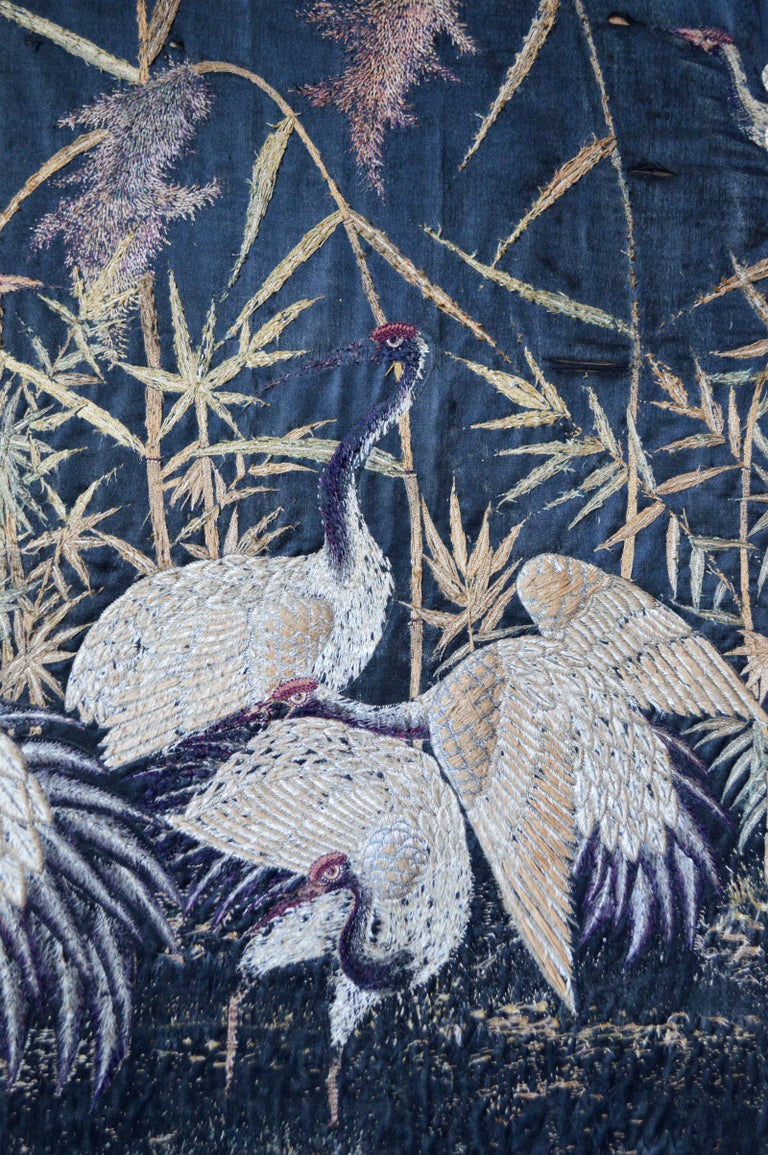 Large Antique Japonisme Hand Embroidery Silk Tapestry, Cranes, Japan