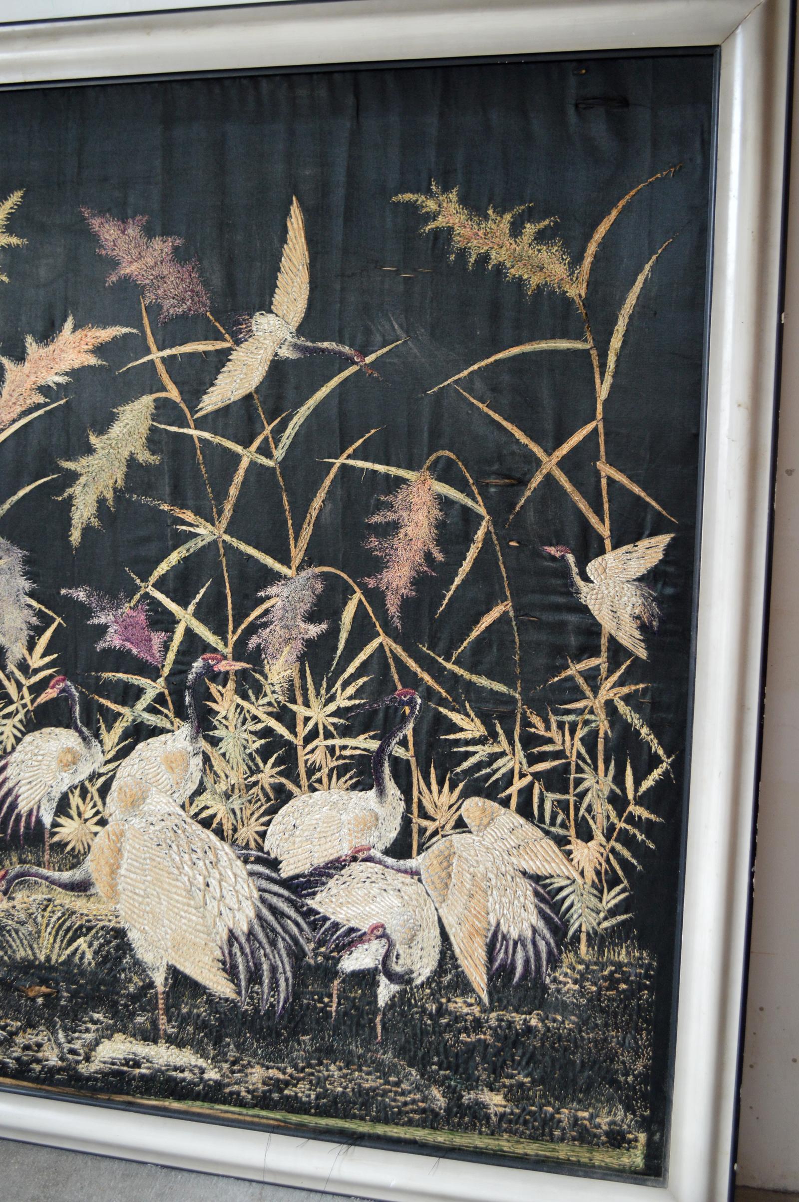 Japanese Large Antique Japonisme Hand Embroidery Silk Tapestry, Cranes, Japan, circa 1890