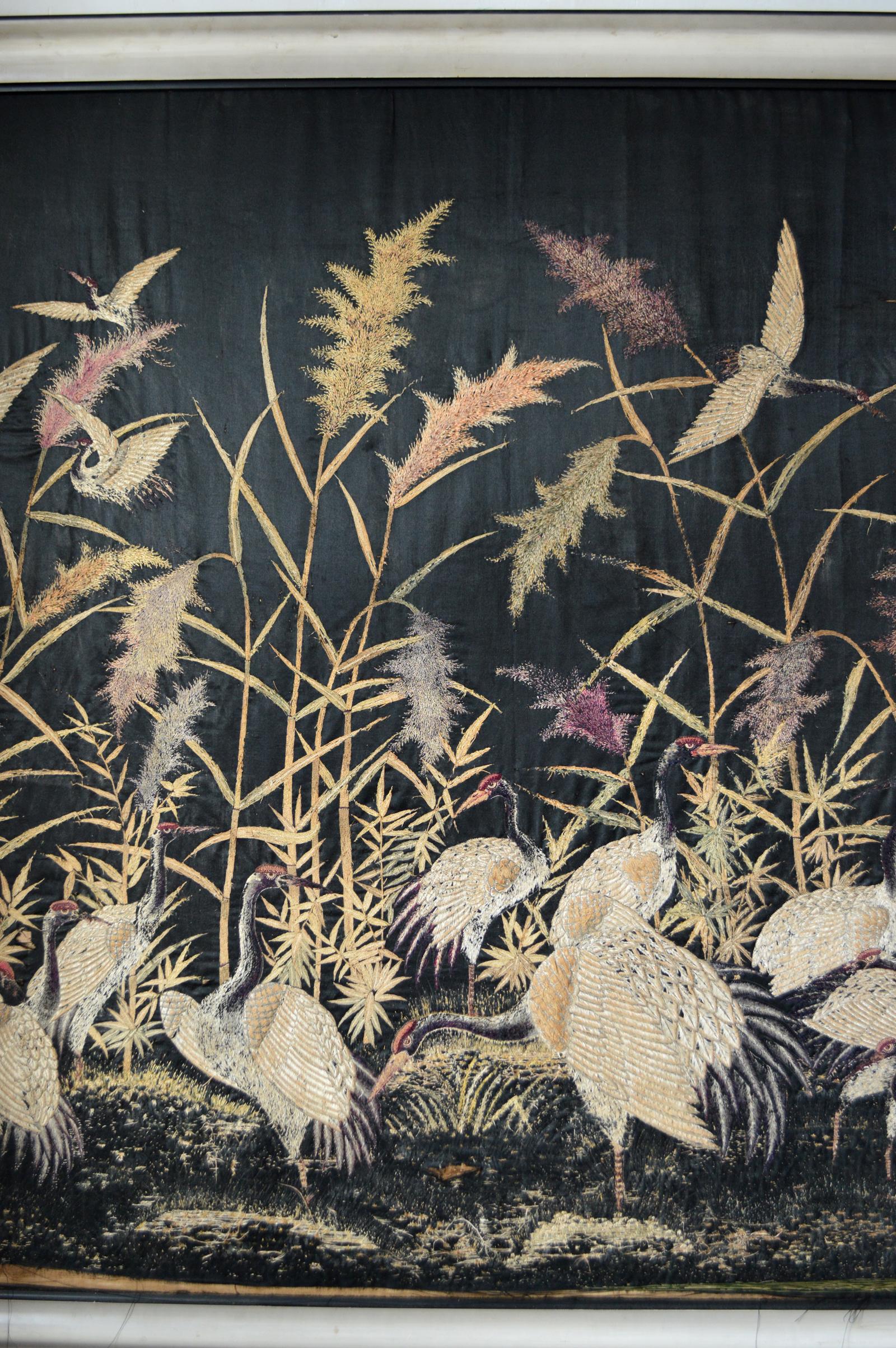 Embroidered Large Antique Japonisme Hand Embroidery Silk Tapestry, Cranes, Japan, circa 1890