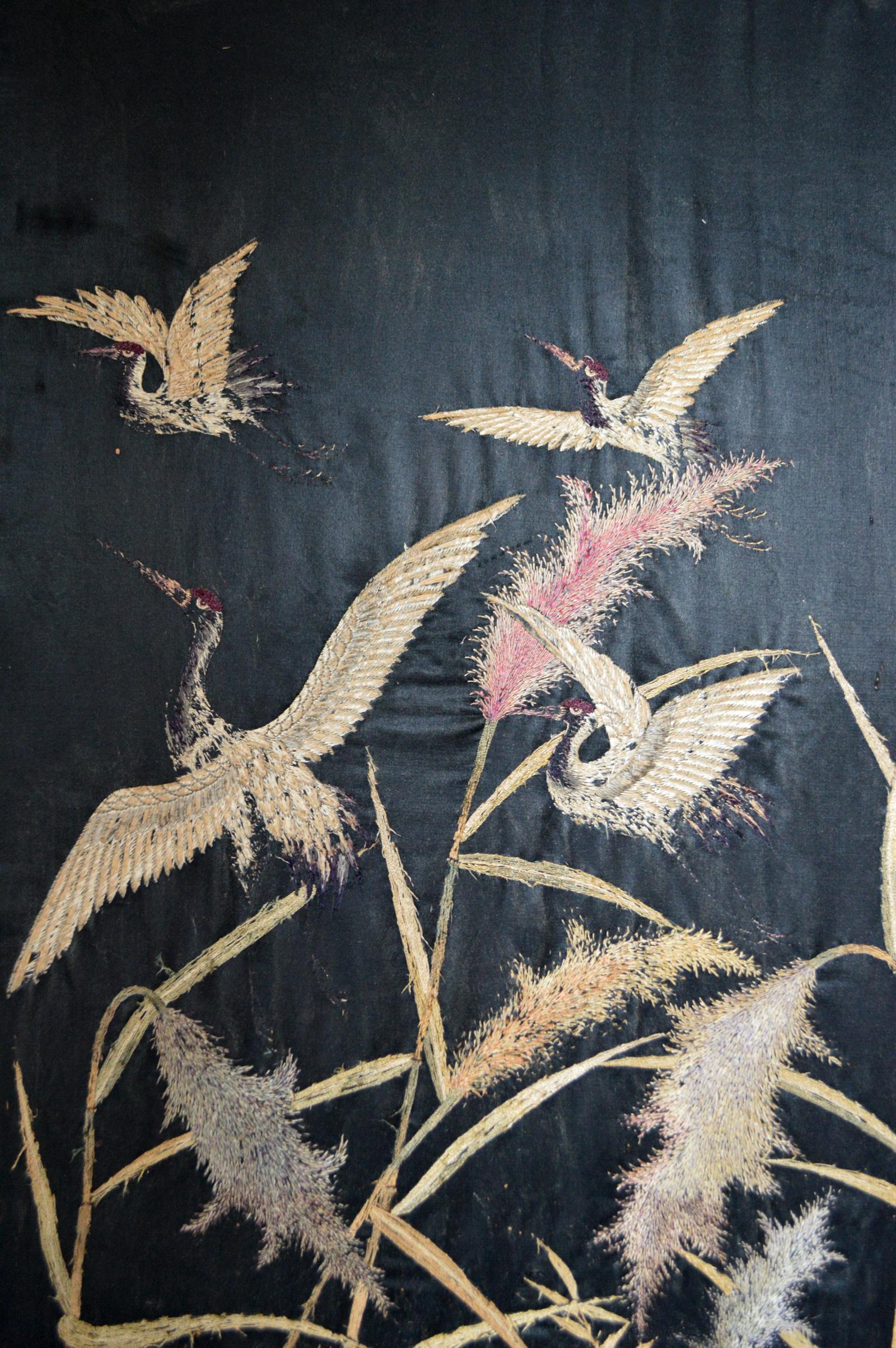Late 19th Century Large Antique Japonisme Hand Embroidery Silk Tapestry, Cranes, Japan, circa 1890