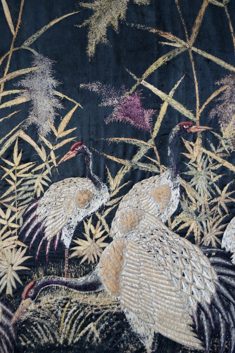Large Antique Japonisme Hand Embroidery Silk Tapestry, Cranes, Japan