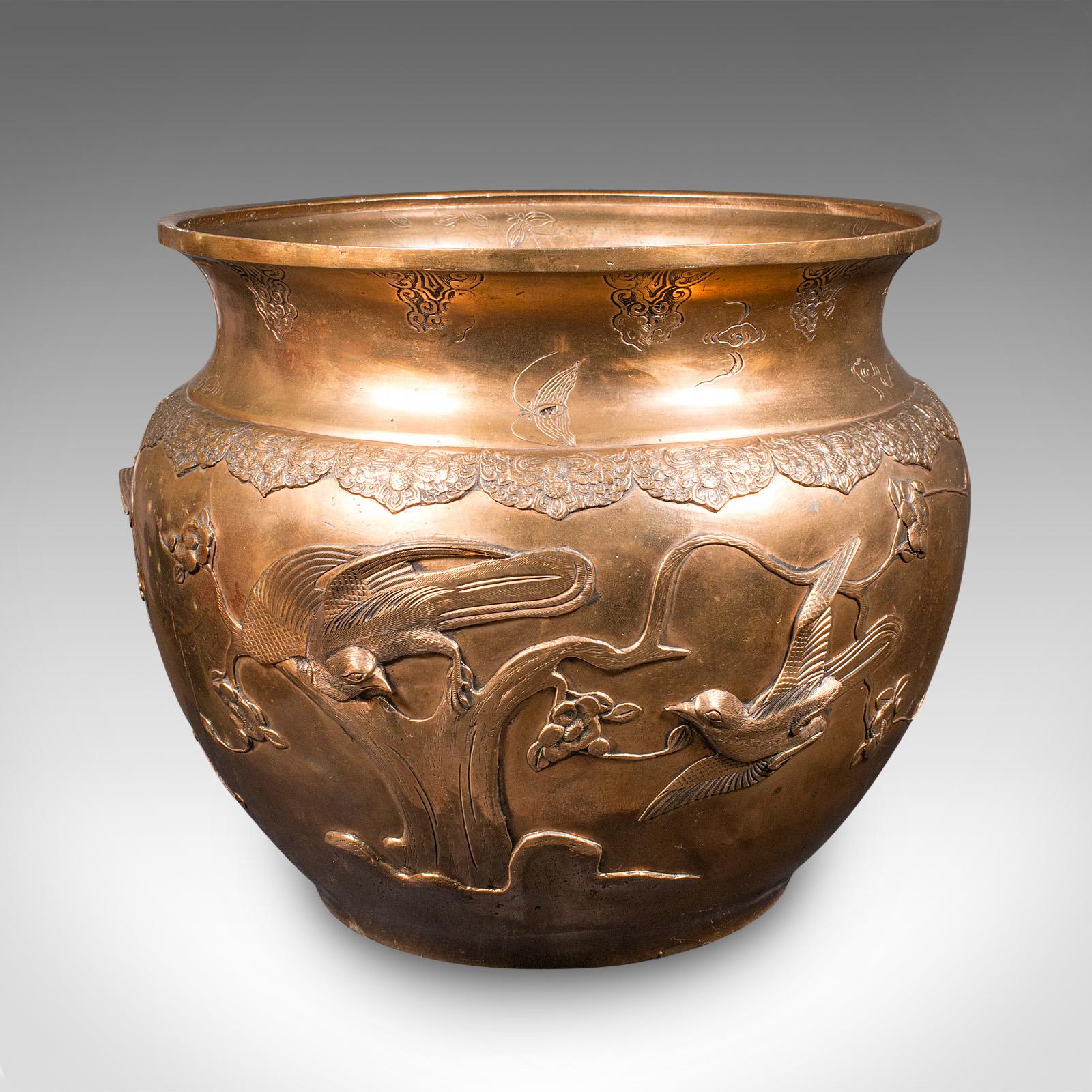 Si tratta di una grande jardinière antica, una fioriera giapponese in bronzo con una ricca decorazione in rilievo, risalente al periodo vittoriano, circa 1880.

Di proporzioni generose, ideale per essere esposta in interni o per essere piantata in