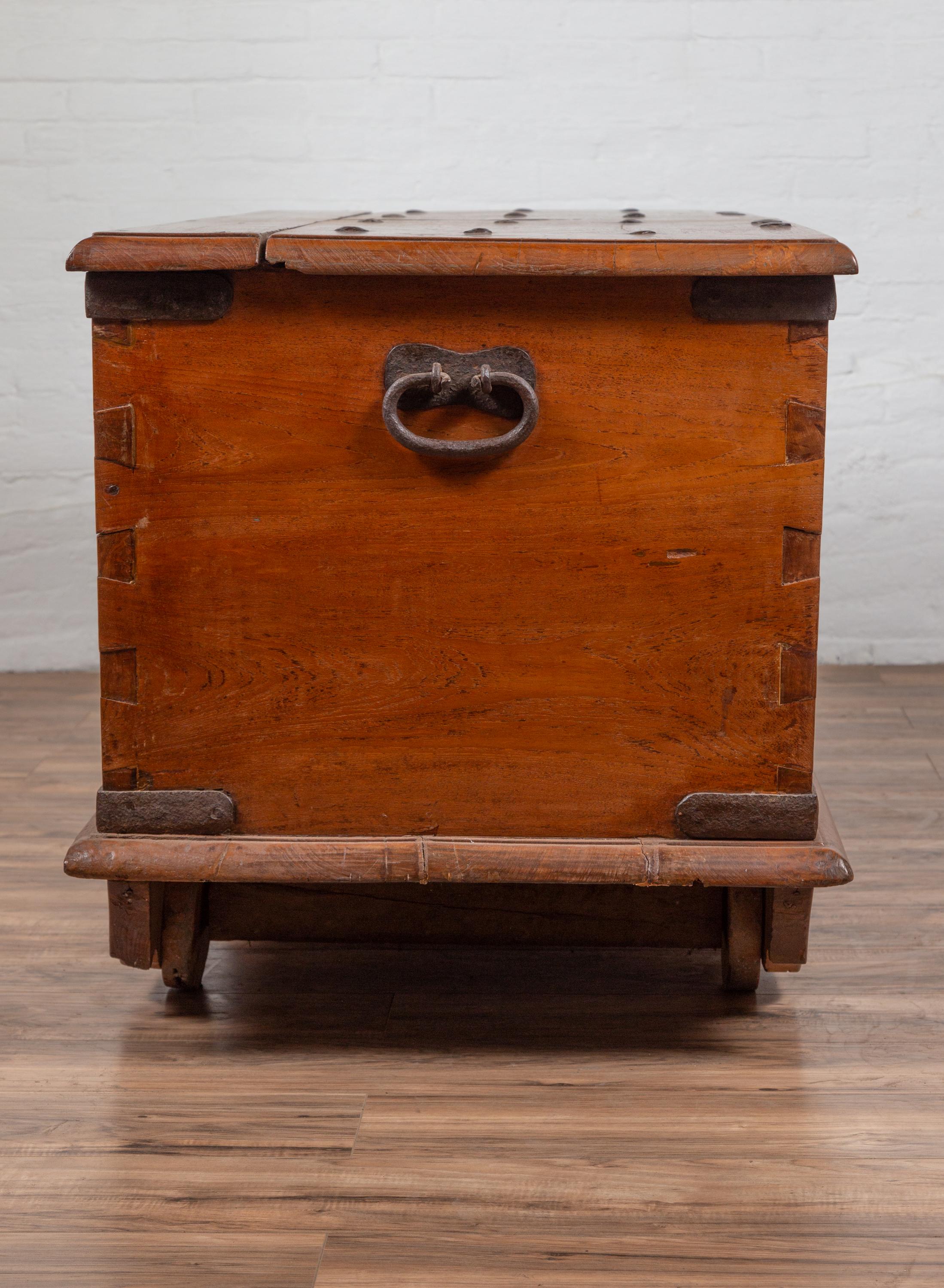Large Antique Javanese Teak Wood Blanket Chest on Wheels with Iron Nailheads For Sale 5
