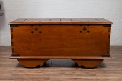 Large Antique Teak Wood Blanket Chest Mounted on Wheels with Iron Nailheads