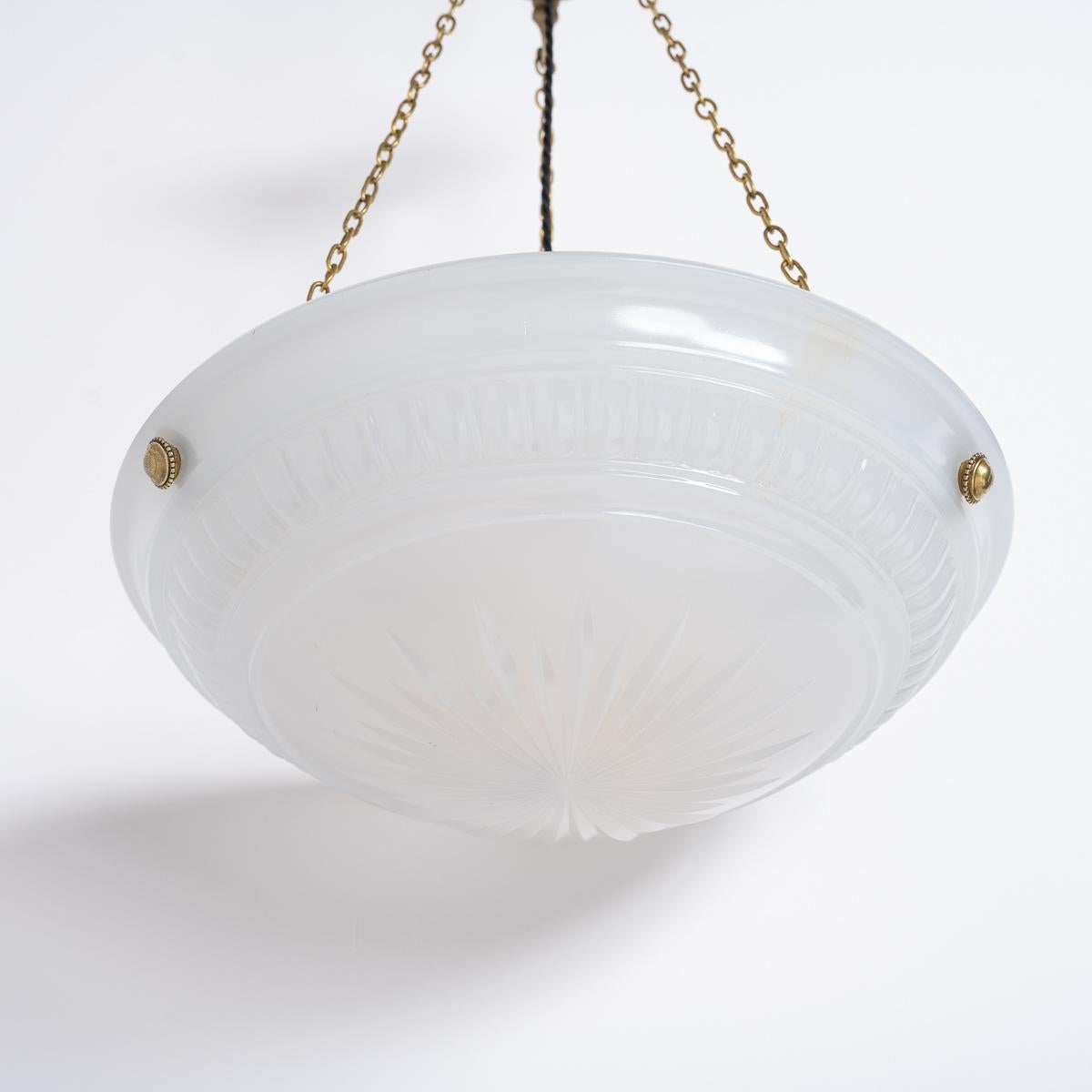 Brass Large Antique Jefferson & Co Moonstone Bowl Plafonnier Pendant Light