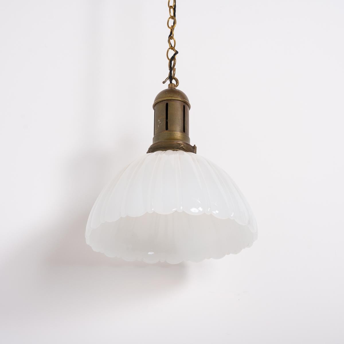 Large Antique Jefferson Moonstone Glass Pendant Light & Aged Cast Brass Fittings 8