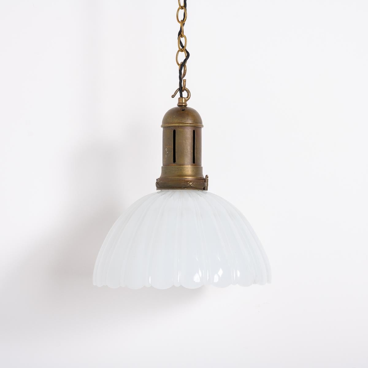 Large Antique Jefferson Moonstone Glass Pendant Light & Aged Cast Brass Fittings In Good Condition In Nottingham, GB