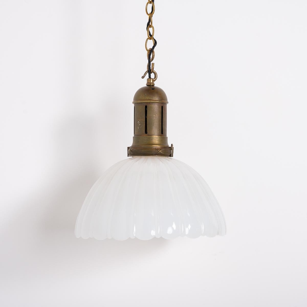 Early 20th Century Large Antique Jefferson Moonstone Glass Pendant Light & Aged Cast Brass Fittings