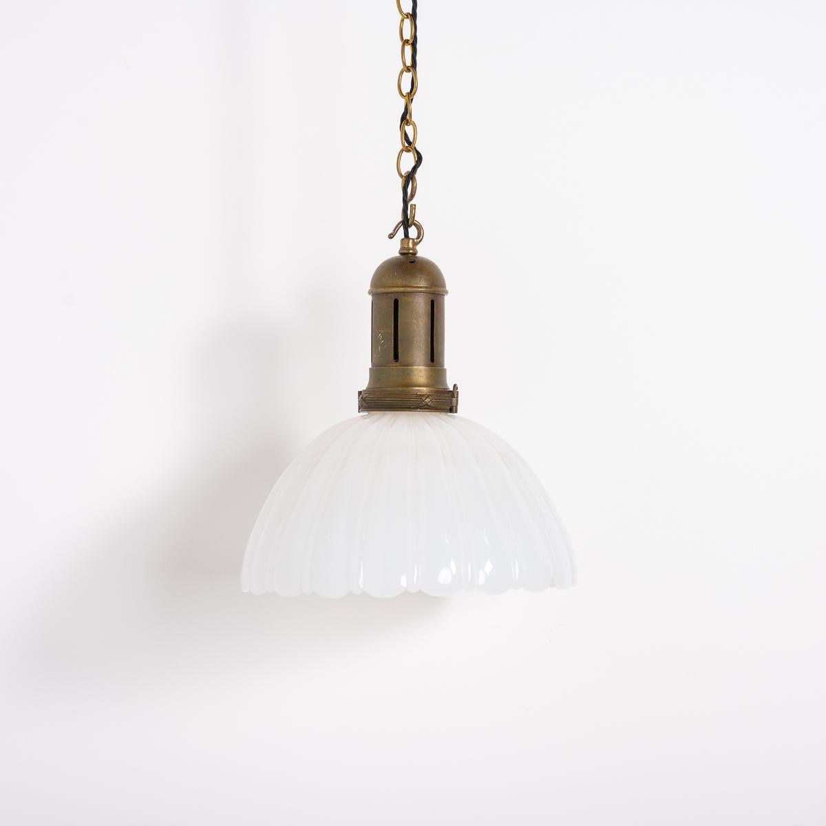 Large Antique Jefferson Moonstone Glass Pendant Light & Aged Cast Brass Fittings 1