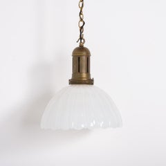 Large Antique Jefferson Moonstone Glass Pendant Light & Aged Cast Brass Fittings