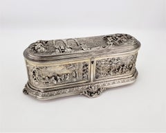 Large Antique Jewelry Casket or Box with Chased Vignettes and Lined Interior