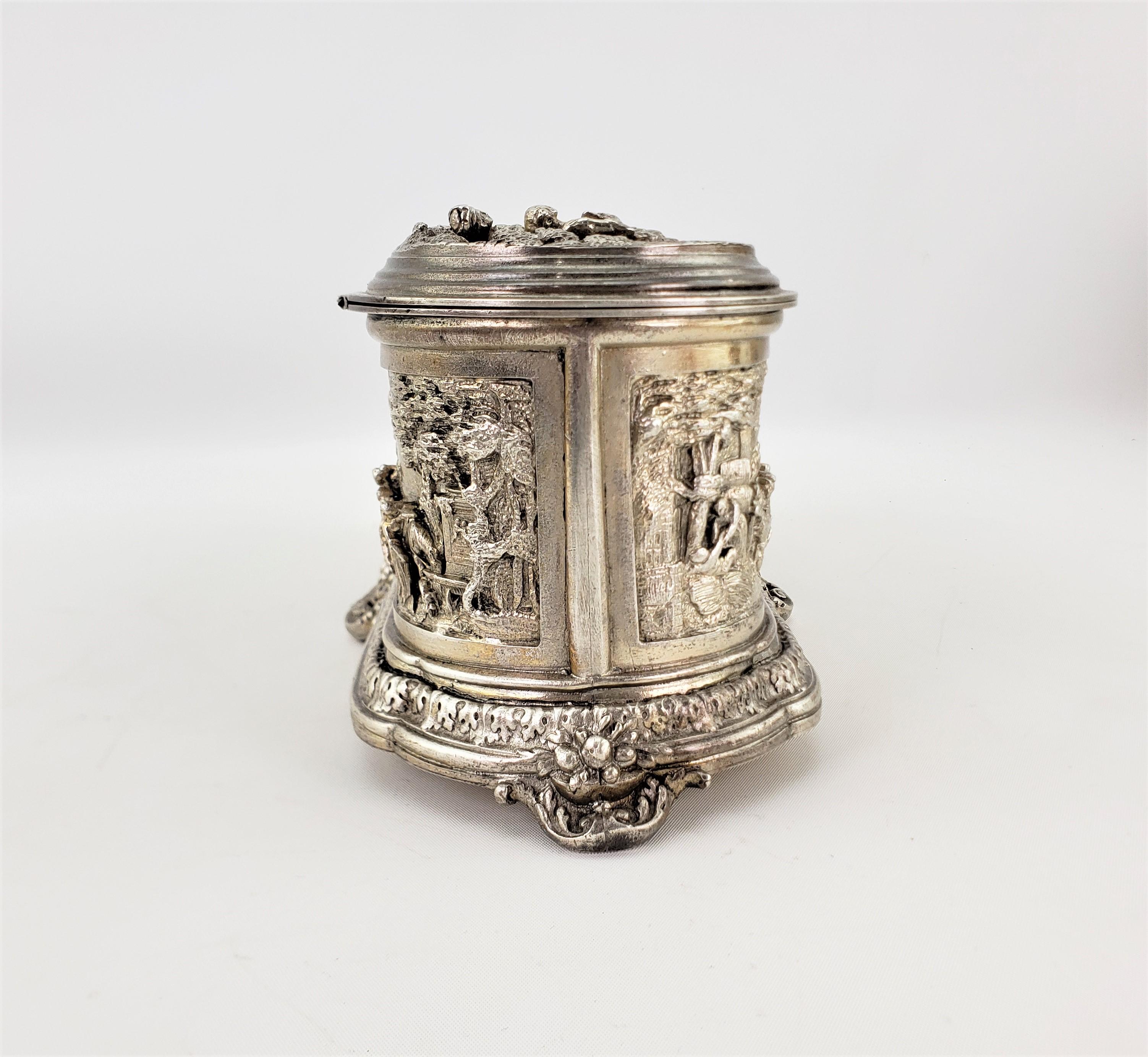 Renaissance Revival Large Antique Jewelry Casket or Box with Chased Vignettes and Lined Interior