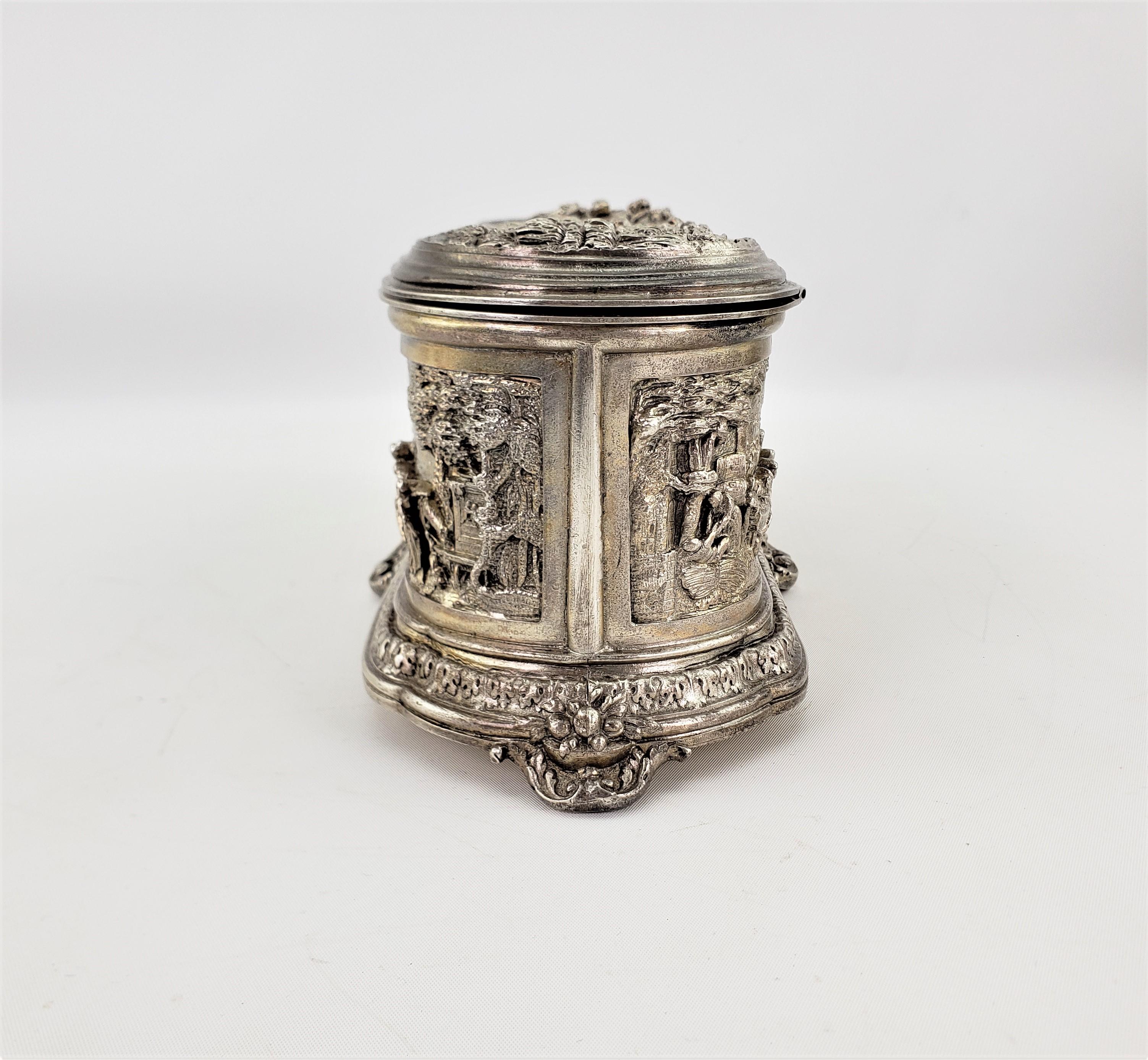 Machine-Made Large Antique Jewelry Casket or Box with Chased Vignettes and Lined Interior
