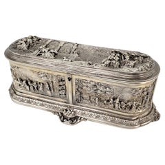 Large Antique Jewelry Casket or Box with Chased Vignettes and Lined Interior