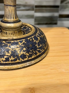 Large Antique Kashmiri Blue & White Candlestick Table Lamp