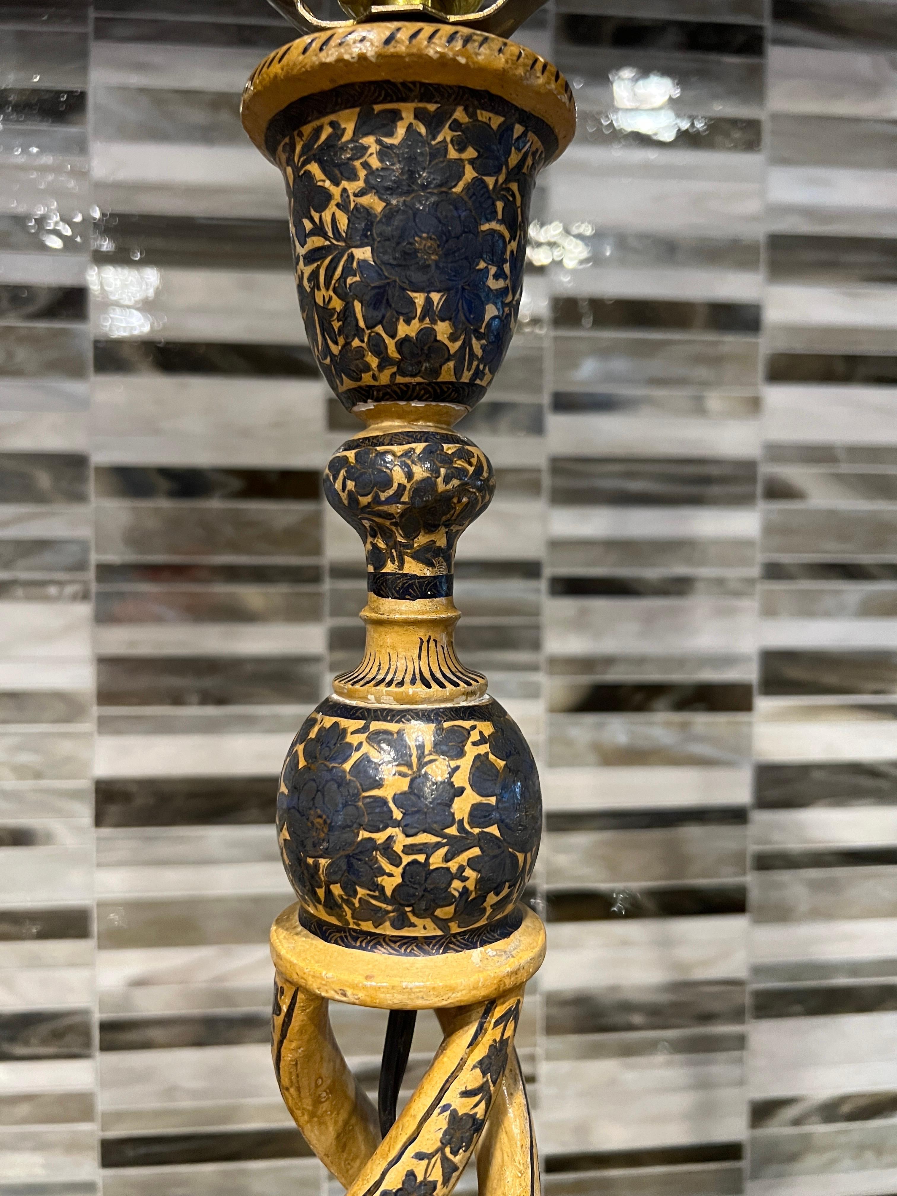 Large Antique Kashmiri Blue & White Candlestick Table Lamp In Good Condition For Sale In Atlanta, GA