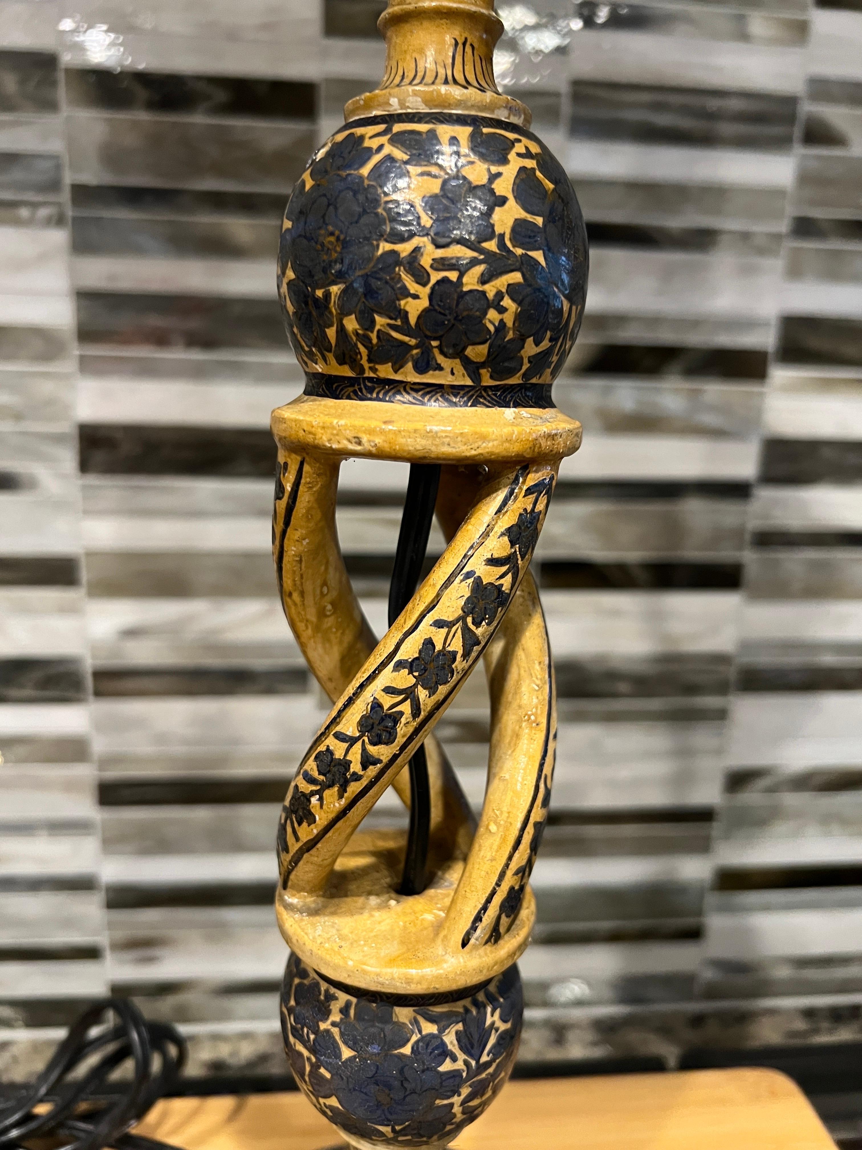 Lacquer Large Antique Kashmiri Blue & White Candlestick Table Lamp