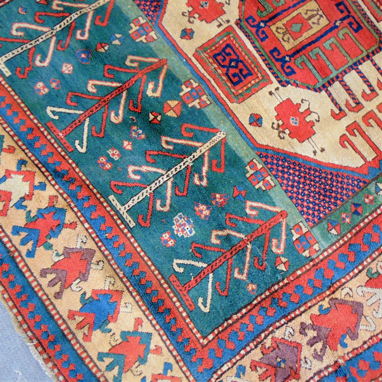 19th Century Antique Large Kazak Karachopf Rug, Handknotted Green Blue Red Beige For Sale 5