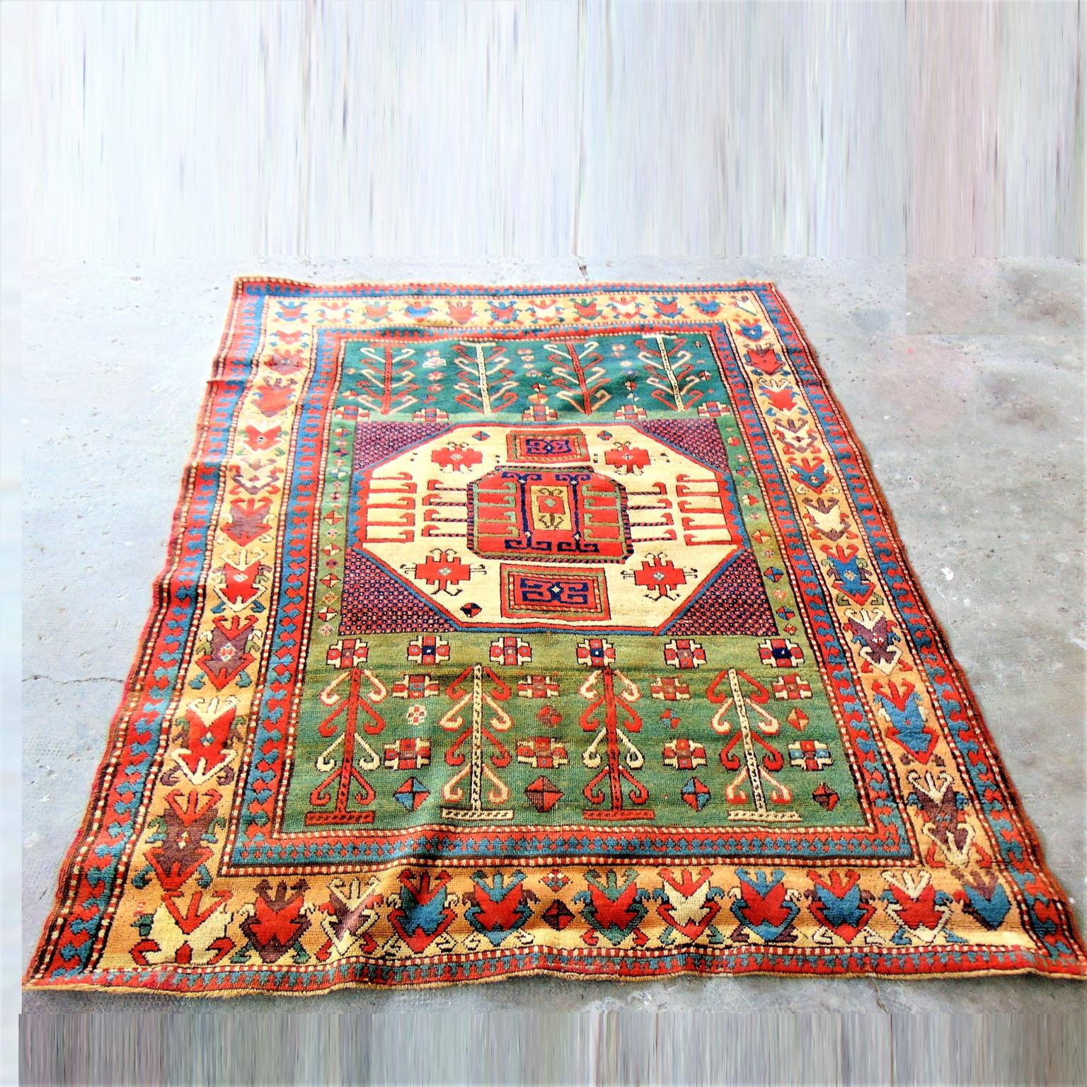 Antiker großer kaukasischer Karachopf-Teppich aus dem 19. Jahrhundert, handgeknüpft in Grün, Blau, Rot und Beige im Angebot 6