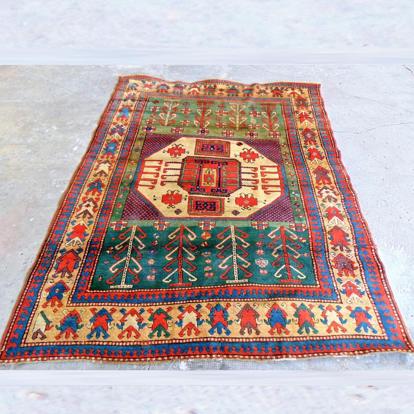 Hand-Knotted 19th Century Antique Large Kazak Karachopf Rug, Handknotted Green Blue Red Beige For Sale