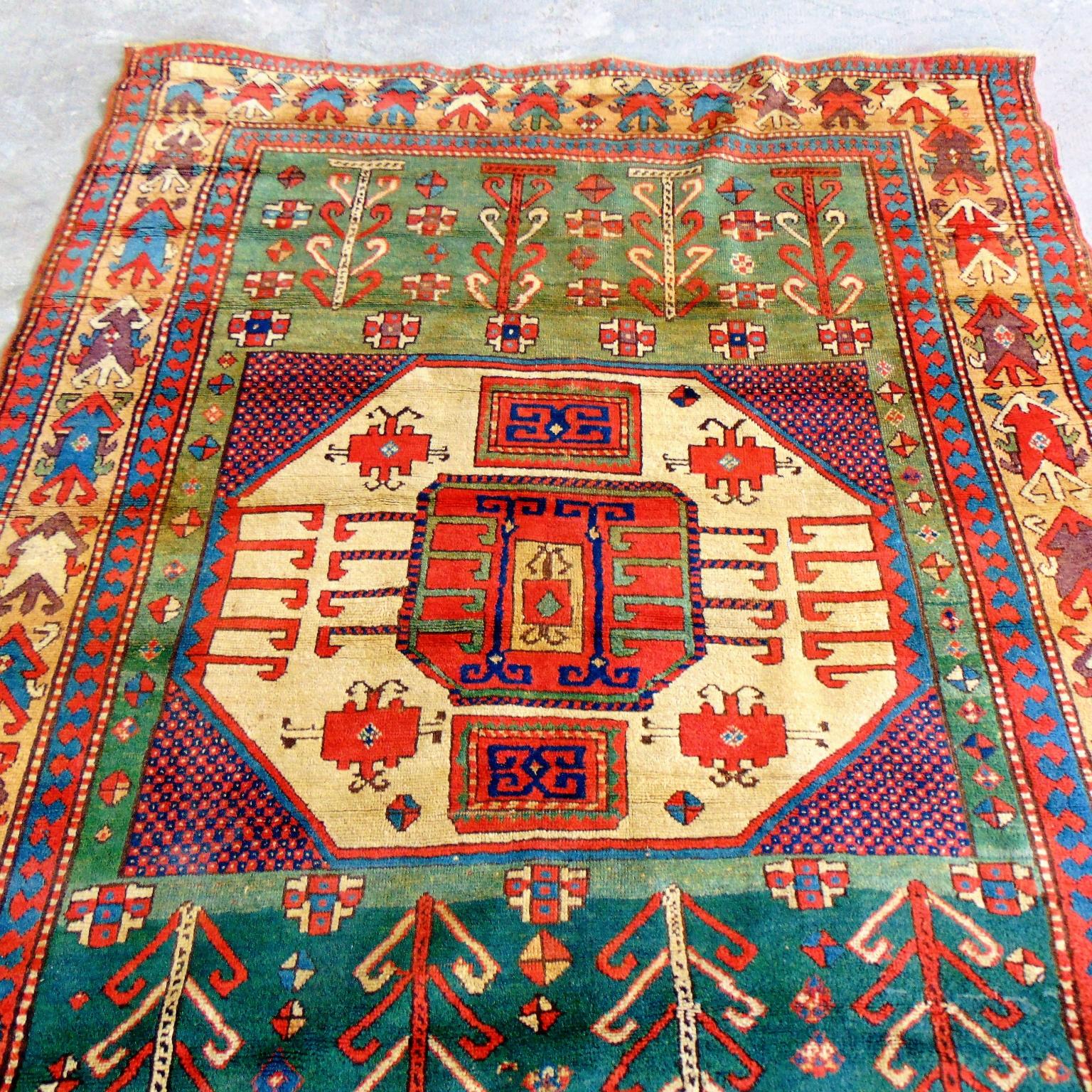 Wool 19th Century Antique Large Kazak Karachopf Rug, Handknotted Green Blue Red Beige For Sale