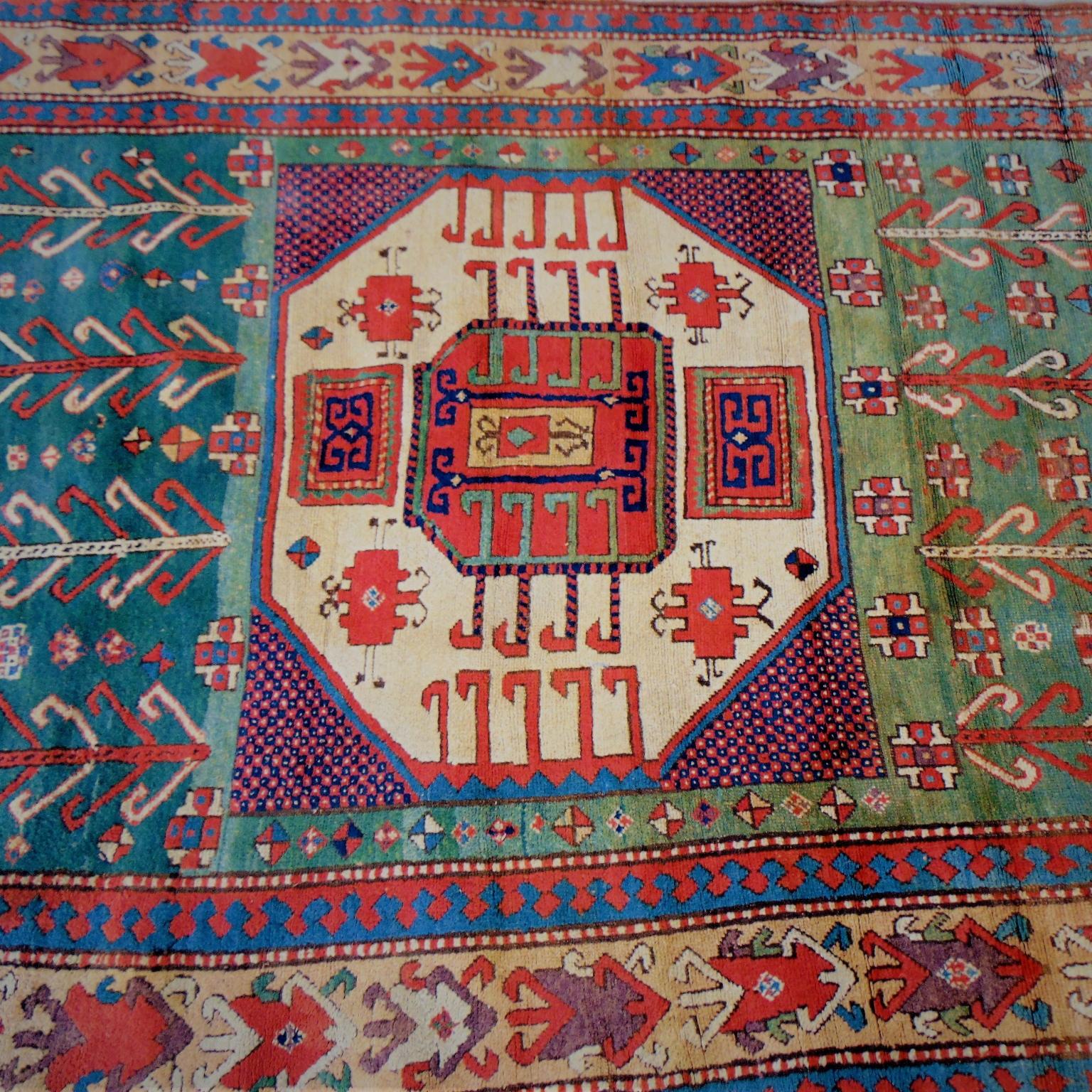 19th Century Antique Large Kazak Karachopf Rug, Handknotted Green Blue Red Beige For Sale 1