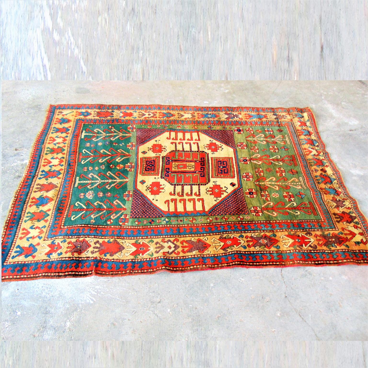 19th Century Antique Large Kazak Karachopf Rug, Handknotted Green Blue Red Beige For Sale 2