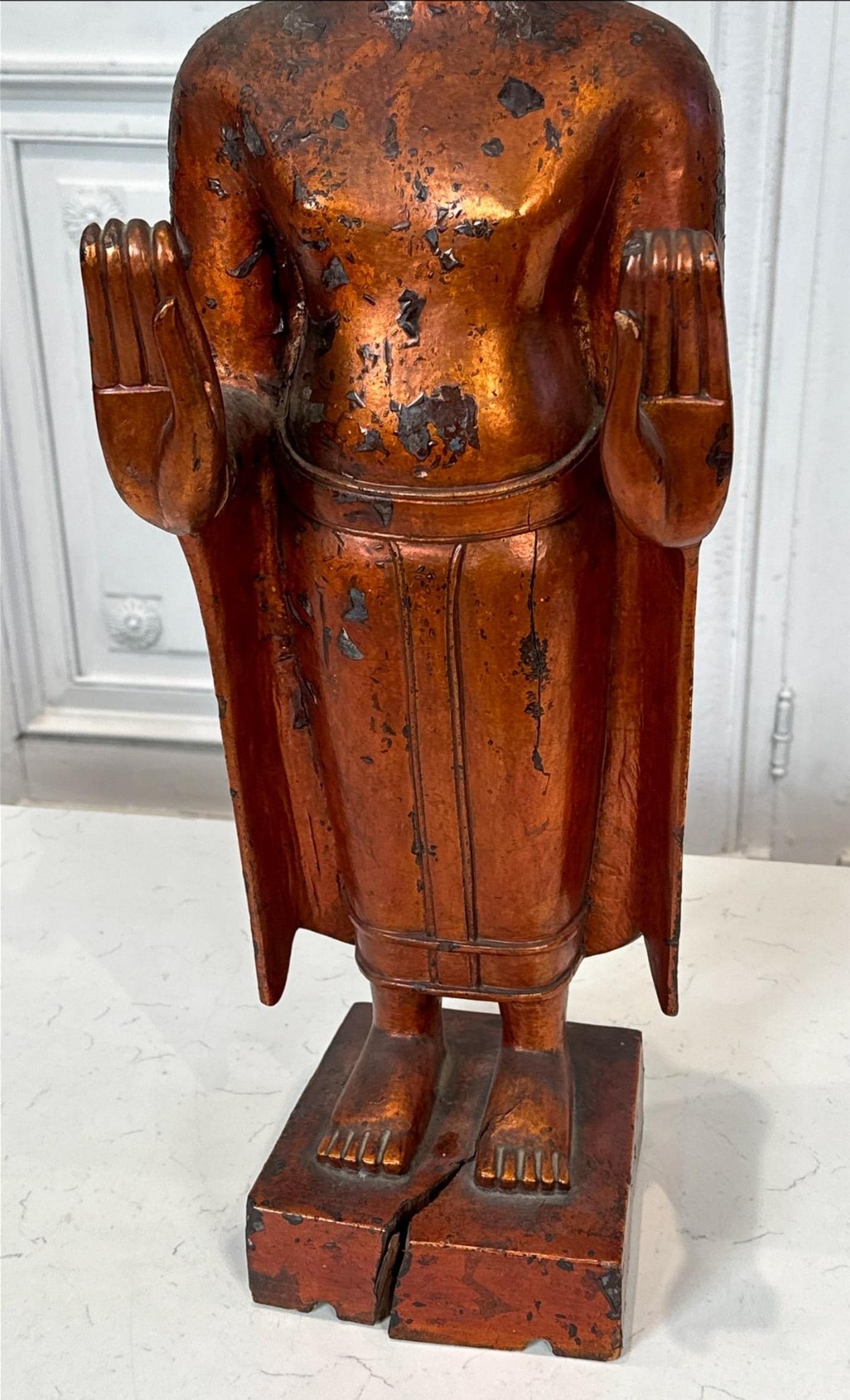 Large Antique Khmer Carved Gilt Lacquered Standing Buddha Figure Statue  For Sale 3
