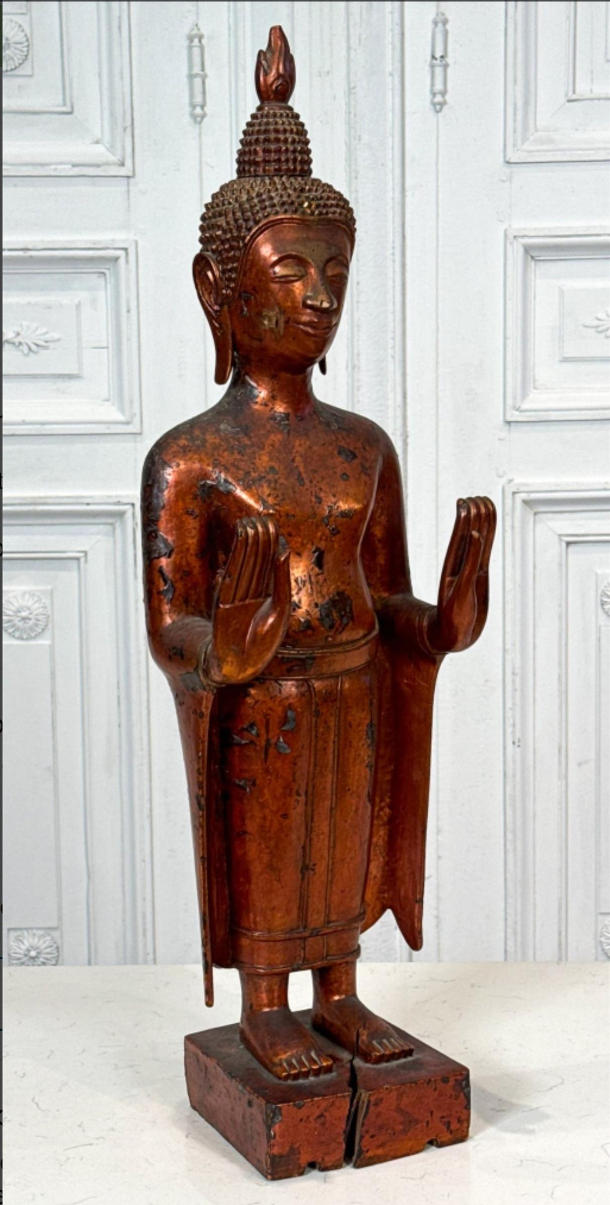 Southeast Asian Large Antique Khmer Carved Gilt Lacquered Standing Buddha Figure Statue  For Sale