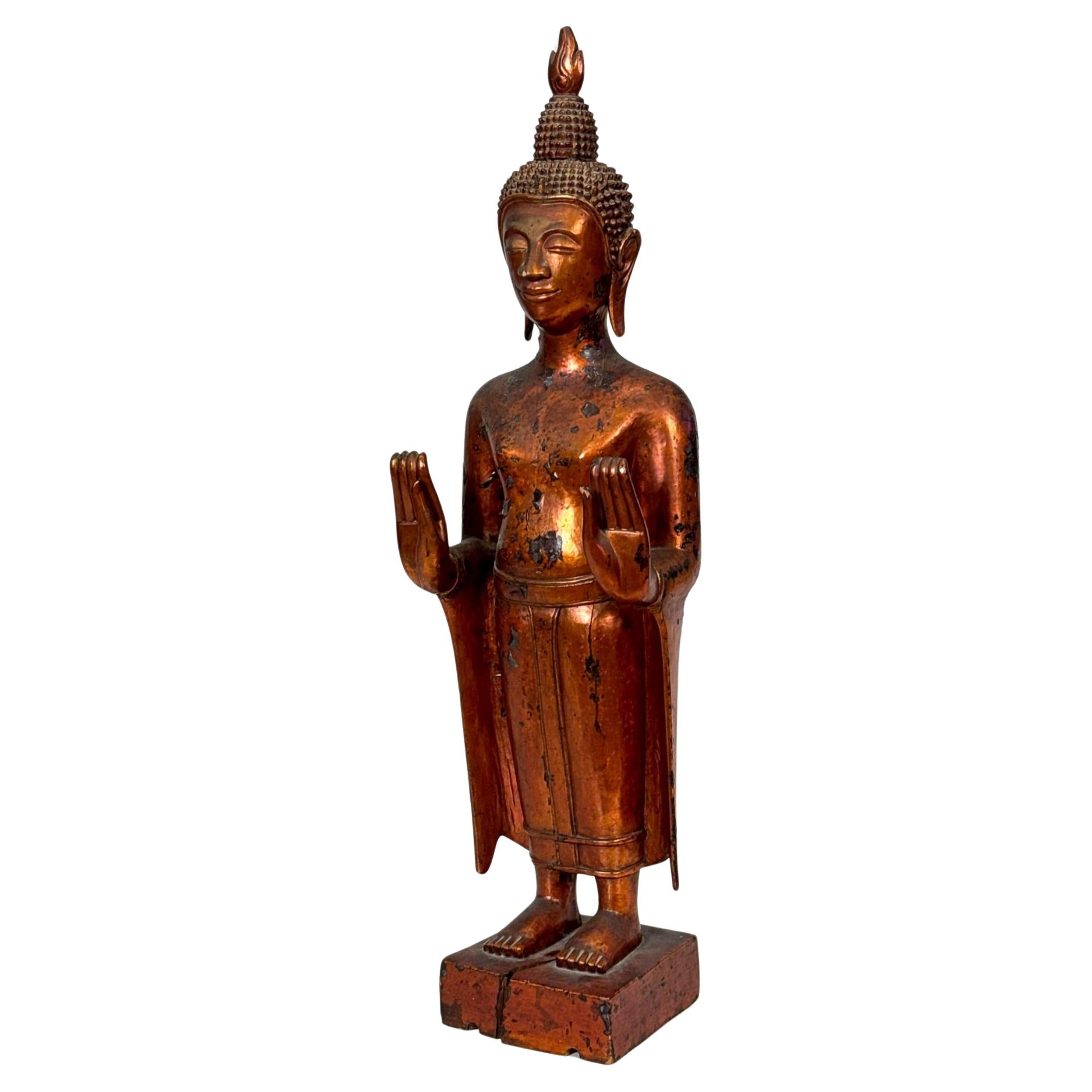 Large Antique Khmer Carved Gilt Lacquered Standing Buddha Figure Statue