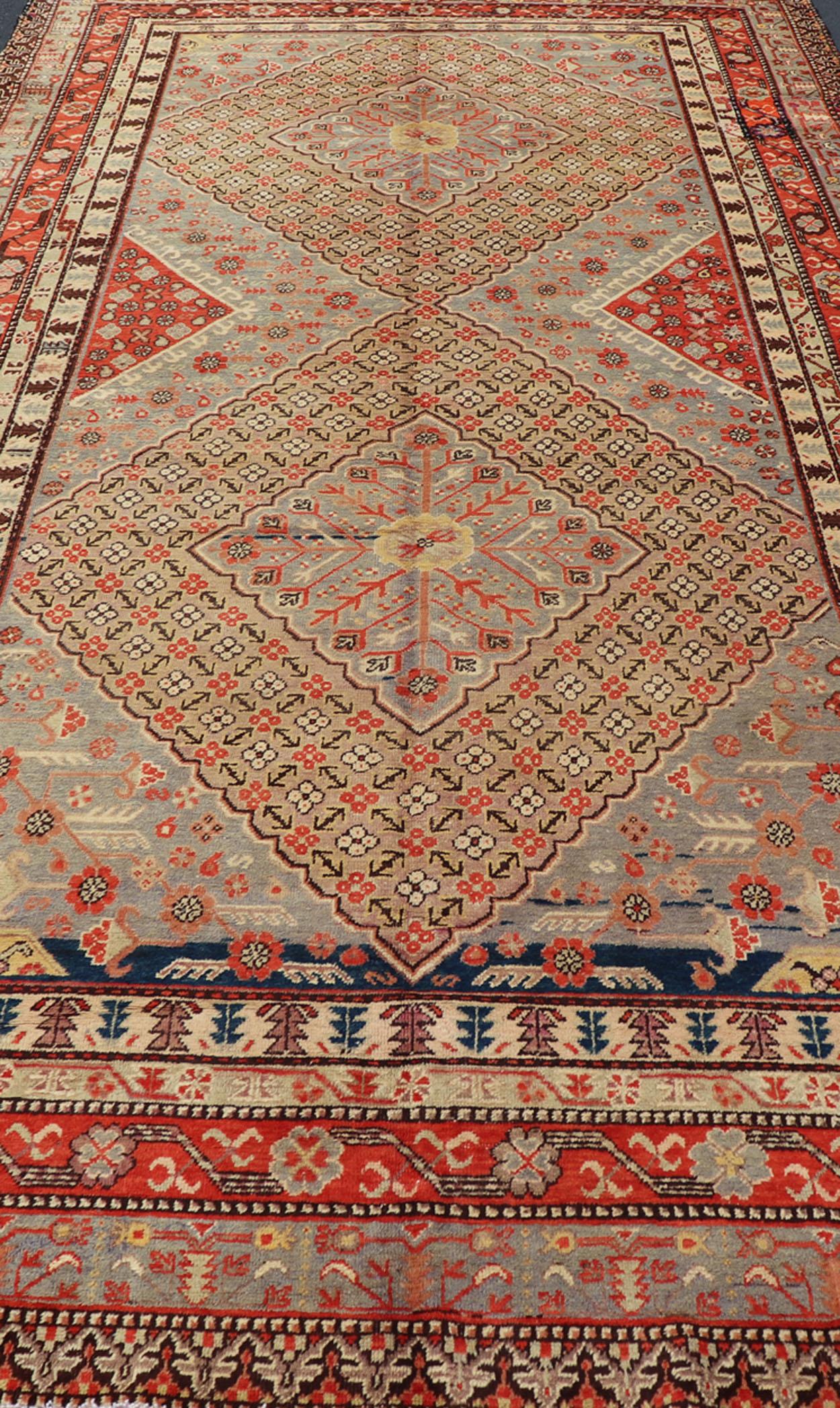 Large Antique Khotan Gallery Rug with Diamonds in Yellow, Orange, Brown & Gray For Sale 2