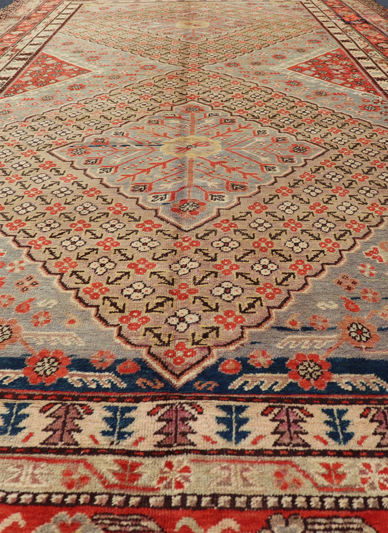 Large Antique Khotan Gallery Rug with Diamonds in Yellow, Orange, Brown & Gray For Sale 3